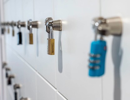 Lockers, in a training centre, lockable compartments with padlocks
