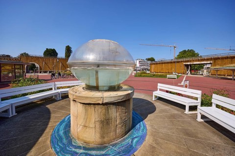 Ball of brine against a blue sky in front of the salt cave and brine grotto in Bad Salzuflen, Lippe