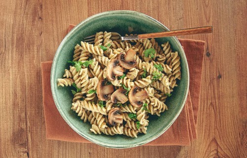 Fusilli pasta, in creamy mushroom sauce, pasta with mushrooms, homemade, no people