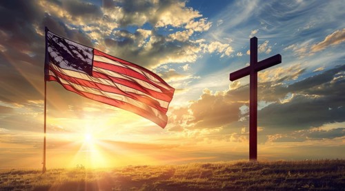 A cross is in the foreground of a sunset with an American flag in the background, AI generated
