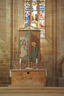 Altar with painting and stained glass window with crucifix Stained glass, arts and crafts,