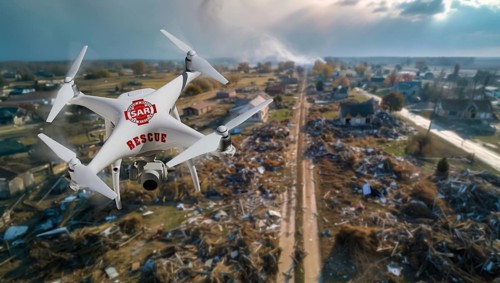 Quadcopter UAV search and rescue SAR drone flying A search above A tornado path of destruction, AI