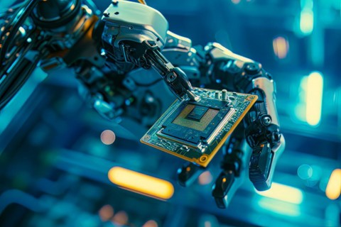 Futuristic Android robot holding advanced processor chip, a concept of big data and AI, AI