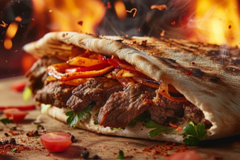 Fresh tasty beef burger wrap with onion, cheese and vegetables. Junk food and fast food concept, AI