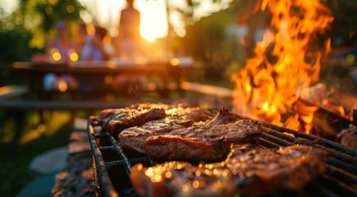 Barbecue BBQ family picnic party on the beach with skewers of meat and meat steaks over charcoal,