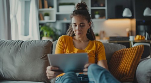 A woman at home with a laptop or tablet browsing internet, paying bills and shopping online, AI
