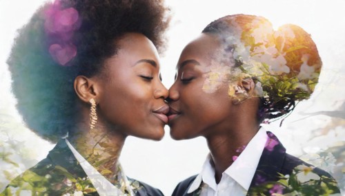Two women are kissing each other.. Scene is romantic and intimate, AI generated