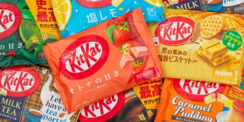Different flavours of KitKat Kit Kat chocolate bar from Japan by Nestle as background panorama