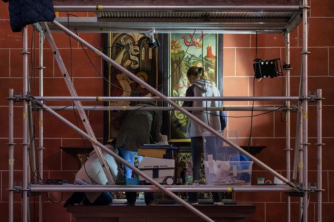 Restoration, cleaning, wall painting, wall decoration, scaffolding. Building site, restorer, St