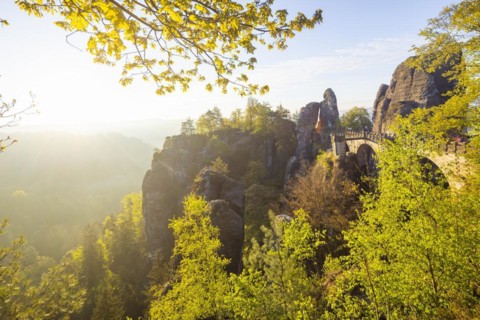 Sunrise in Saxon Switzerland, Rathen, Saxony, Germany, Europe