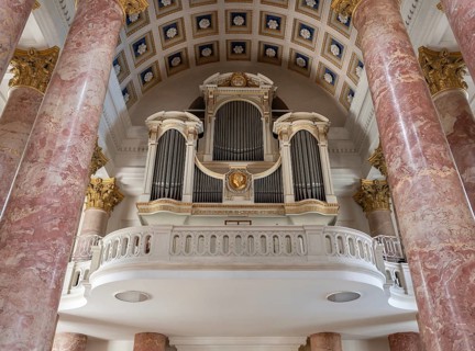 Organ gallery in St Elisabeth's Church, construction started in 1785, completed in 1903, Nuremberg,