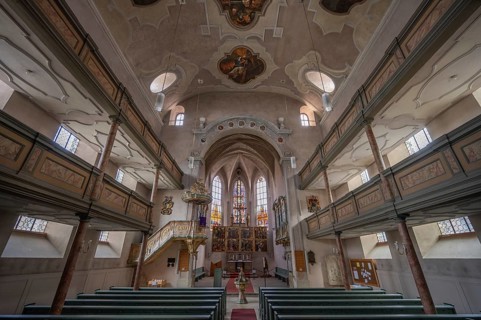 Interior with altar of the Protestant Church of St. Mary, baroqueised in the 18th century,