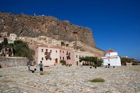Square in the lower town of the Byzantine castle town of Monemvassia, Monemwassia, Monembasia,