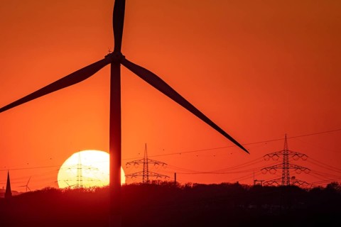 Emschergenossenschaft wind turbine, view to the west, in Essen, sunset, North Rhine-Westphalia,
