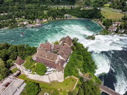Aerial view of the Rhine Falls with Laufen Castle, Neuhausen, Canton Schaffhausen, Switzerland,