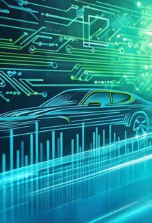 Sport car silhouette with vibrant green dynamic lines showing motion, surrounded by data streams,