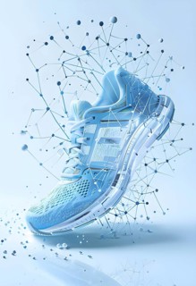 Running shoe, breaking into pixels and data points, morphing into a network of neural nodes, AI