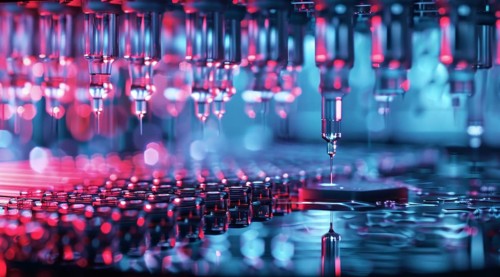 Vials and medicine bottles on conveyor belt. Medicine mass production. Health and health care, AI