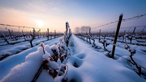 AI generated winter in the vineyard with snow blankets dormant vines and ambient light