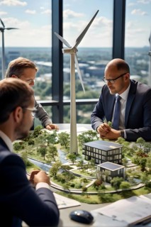 Business professionals engaged with a scale model of a wind turbine adjacent to miniature houses,