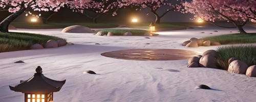Zen garden bathed in the soft glow of dawn as a serene symbol for relaxation, AI generated