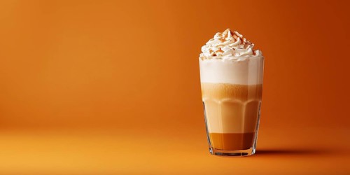 Banner with seasonal pumpkin spice latte on orange background with copy space. Generative Ai, AI