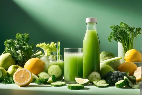 Bottle of vibrant green detox juice surrounded by green fruit and vegetables, AI generated