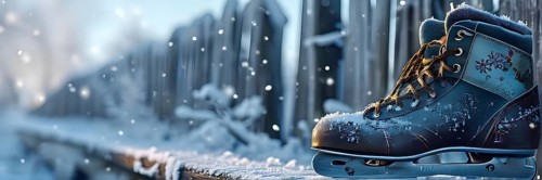 Pair of vintage ice skates hanging by their laces on an old wooden fence with frost and snow gently