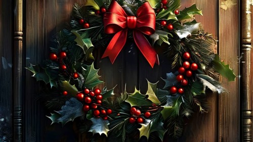 Classic holiday wreath with frosted holly leaves hanging on a rustic wooden door, AI generated