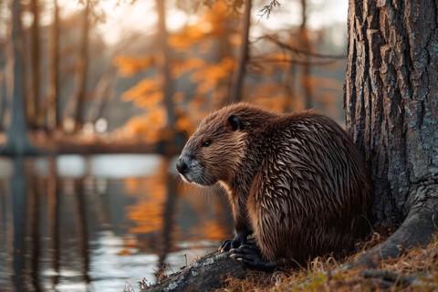 Beaver sitting at lake. Generative ai, AI generated