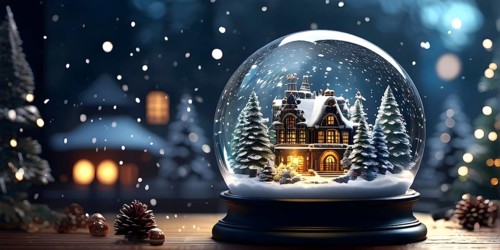 Winter Wonderland in Glass Ball Snow Globe on table and blurred bokeh background, AI generated