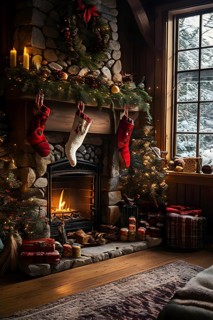 Traditional stone fireplace decorated for Christmas, with garlands, stockings, and candles, set in