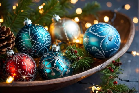 Christmas tree ornaments in a bowl, featuring a mix of glass baubles, pine cones, and fairy lights,