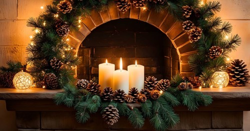 A cozy fireplace mantle decorated with pine cones, garlands, and lit candles, with a close-up focus