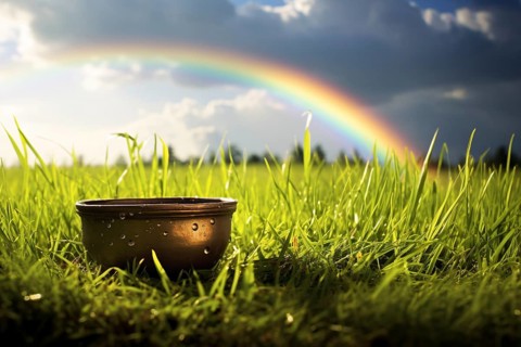 St. Patrick's day pot of gold on meadow with rainbow in background. KI generiert, generiert AI