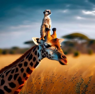 A meerkat sits on the head of a giraffe in the African savannah and thus has a wide view, AI