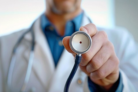 Close up of statoscope held my male doctor. KI generiert, generiert, AI generated