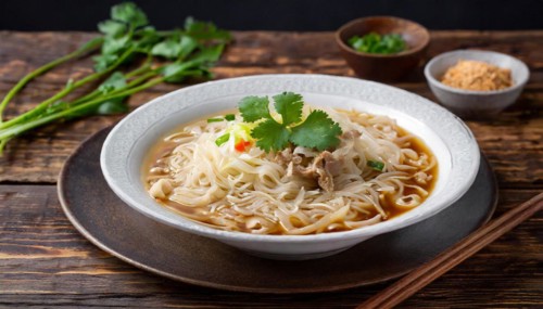 Food, a plate of chicken soup with ramen, Japanese noodles on a wooden table, AI generated, AI