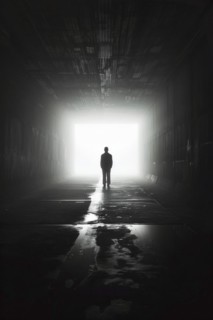 Silhouette of a man standing in a tunnel, light at the end of the tunnel, symbolic image for