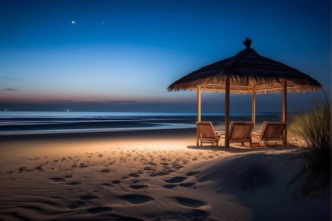 Sunset mood on a whispering tranquil costal landscape with sandy beach, AI generated