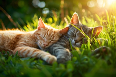 Lovely cats cuddling while sleeping in grass. KI generiert, generiert, AI generated
