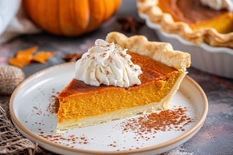 Single slice of pumpkin pie with cream on plate. Generative Ai, AI generated
