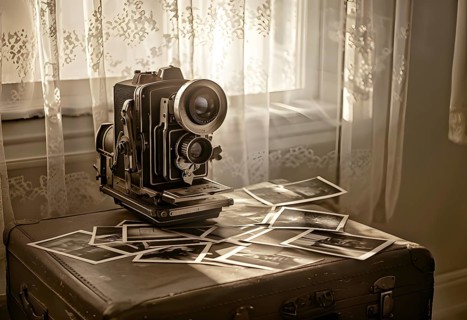Vintage film camera surrounded by black and white photos in soft sunlight, AI generated