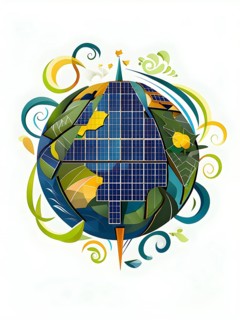 Illustration of a globe composed of triangular solar panels and swirling wind patterns, symbolizing