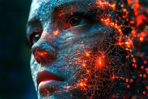Conceptual symbolism of artificial Intelligence represented by a humanoid woman face with neuronal