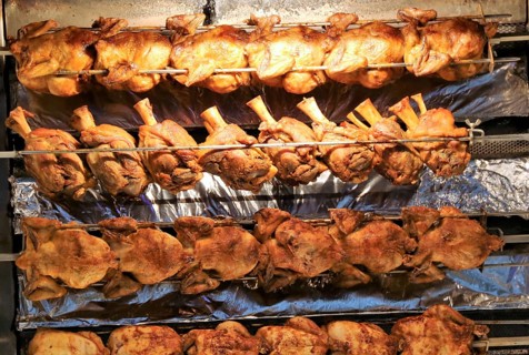 Grilled knuckle of pork and chicken on the spit