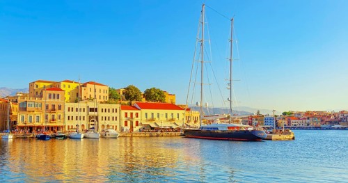 View of the old Venetian Harbour, Chania, Crete, Greek Islands, Greece, Europe