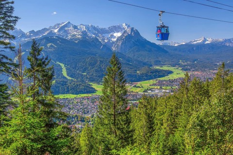 Wankbahn with view from Wank 1780m to valley, village and Zugspitz group 2962m,