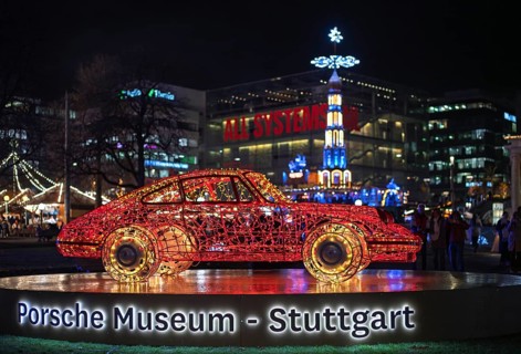 Night shot, Christmas market, Christmas lights, illumination, with Porsche 911, Porsche Museum