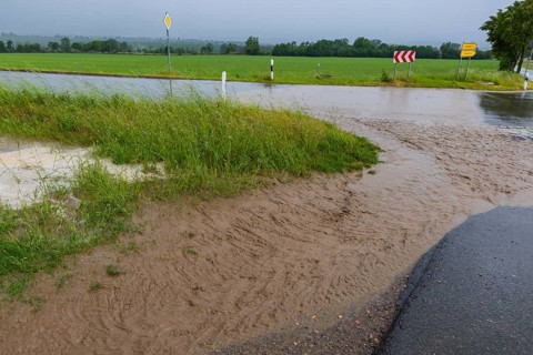 Heavy rain showers and thunderstorms pass over Possendorf in the Eastern Ore Mountains. Flooded